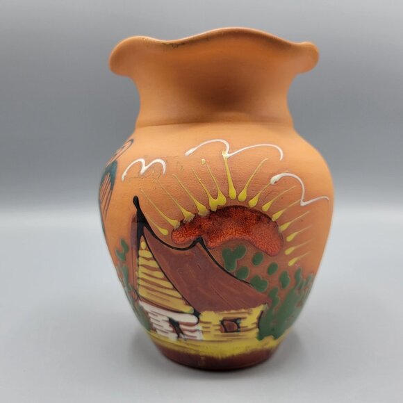Vintage Hand Painted Terracotta Vase Scenic Design Flared Rim Signed Punta Cana - Picture 3 of 13